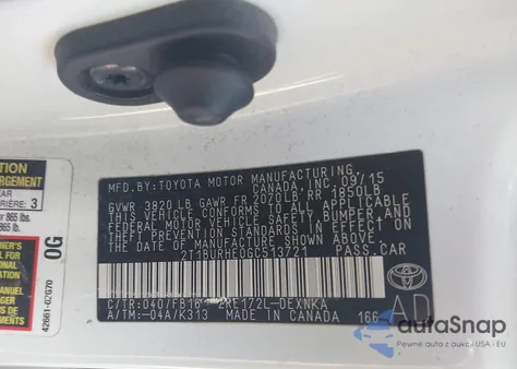 2016 Toyota Corolla Le из США, поврежденный, VIN 2T1BURHE0GC513721